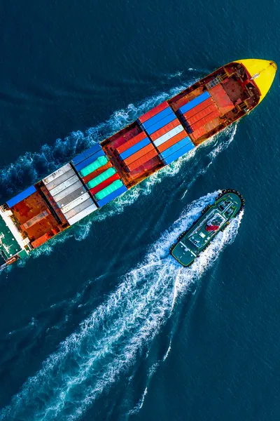Aerial view of colourful containers on a cargo ship at the port of Southampton