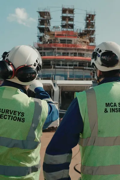 Two MCA Surveyors looking at the front a ship