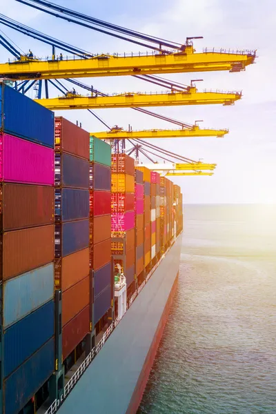 Container ship in port with cranes above