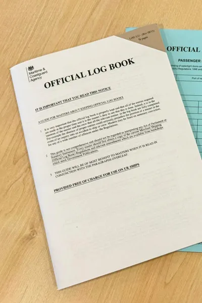 Three logbooks on a table
